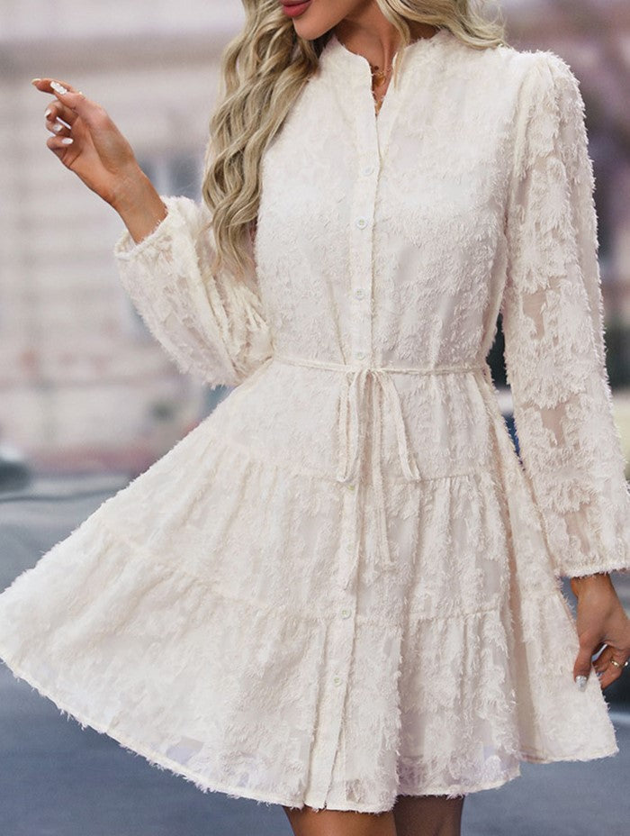 Textured Lace Tiered Button Front Mini Dress - Apricot