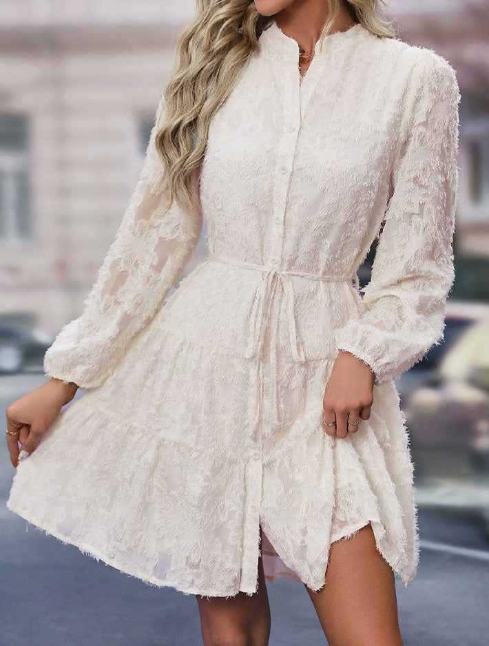 Textured Lace Tiered Button Front Mini Dress - Apricot - 1