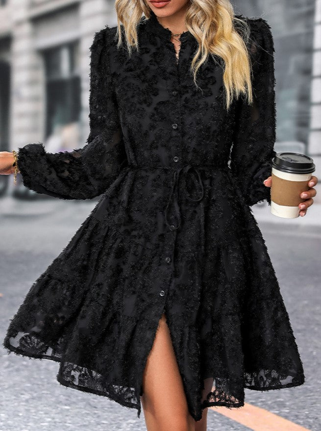 Textured Lace Tiered Button Front Mini Dress - Black