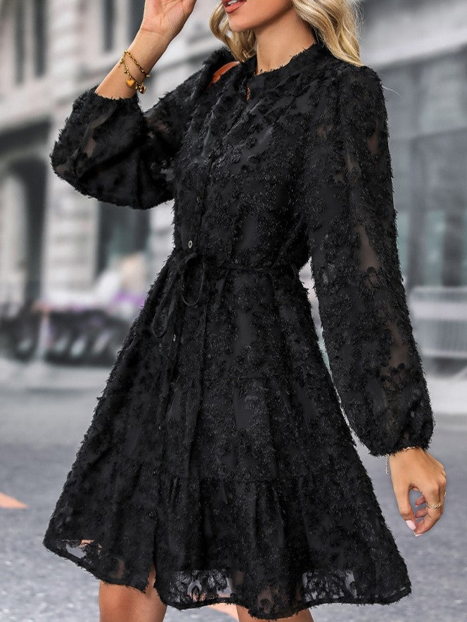 Textured Lace Tiered Button Front Mini Dress - Black - 1