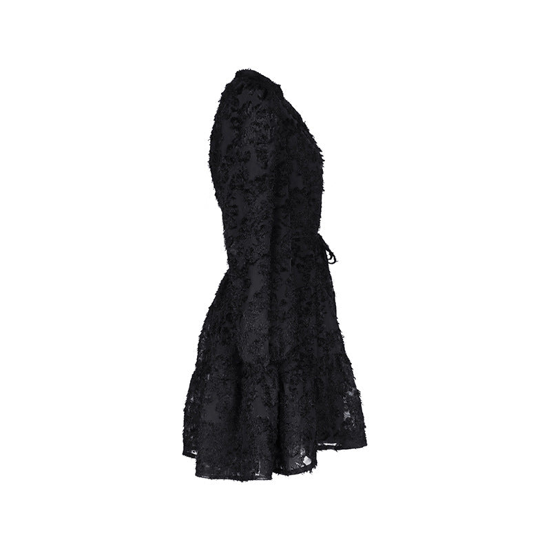 Textured Lace Tiered Button Front Mini Dress - Black - 3