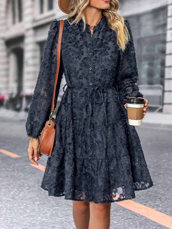 Textured Lace Tiered Button Front Mini Dress - Darkblue