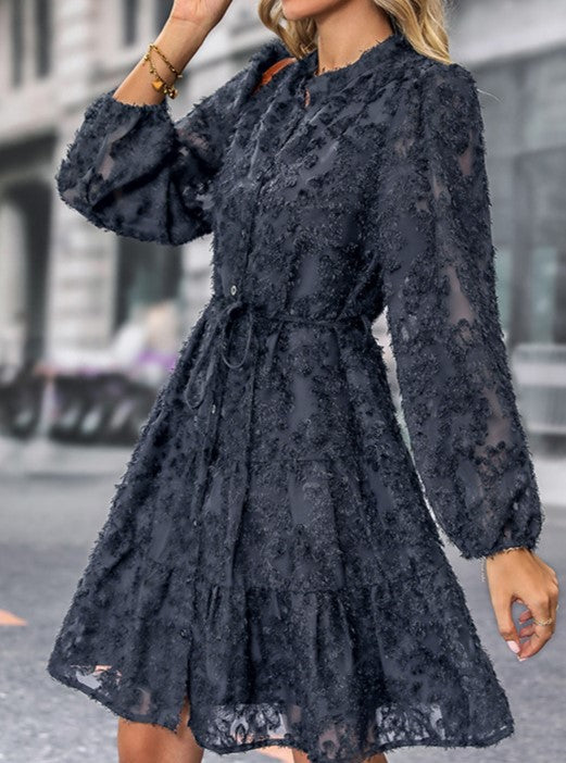Textured Lace Tiered Button Front Mini Dress - Darkblue - 1