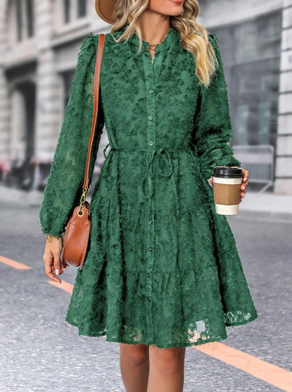Textured Lace Tiered Button Front Mini Dress - Green - 1