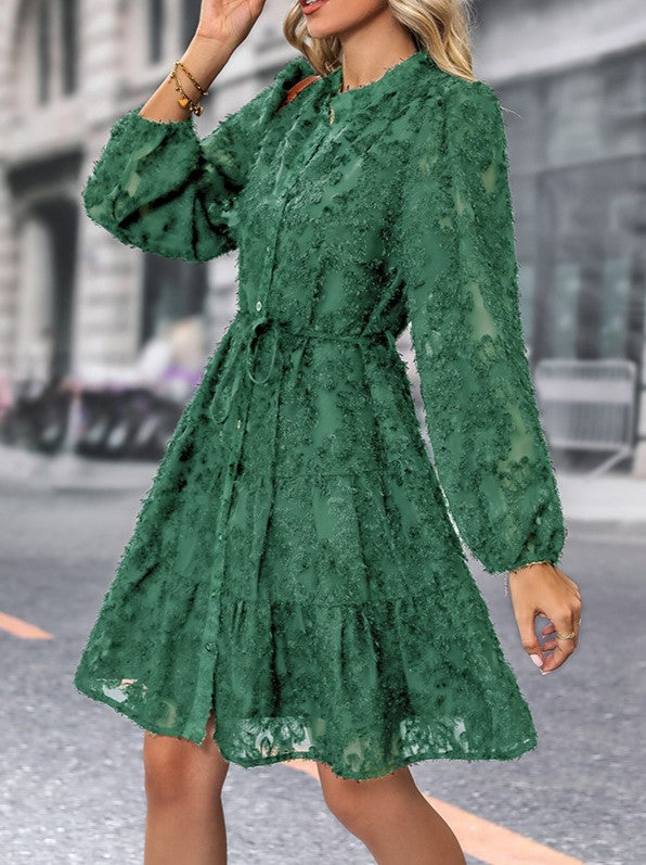 Textured Lace Tiered Button Front Mini Dress - Green - 2