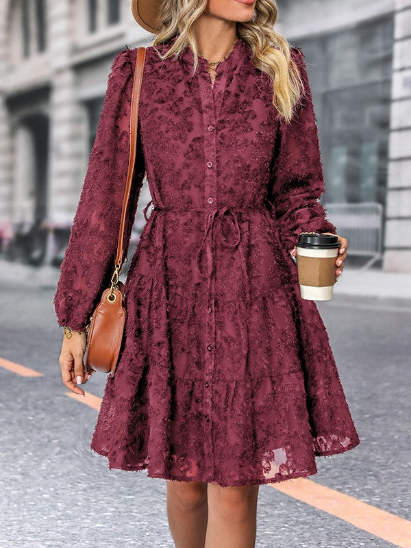 Textured Lace Tiered Button Front Mini Dress - Winered - 1