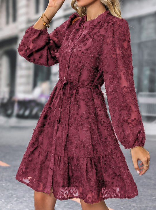 Textured Lace Tiered Button Front Mini Dress - Winered - 2