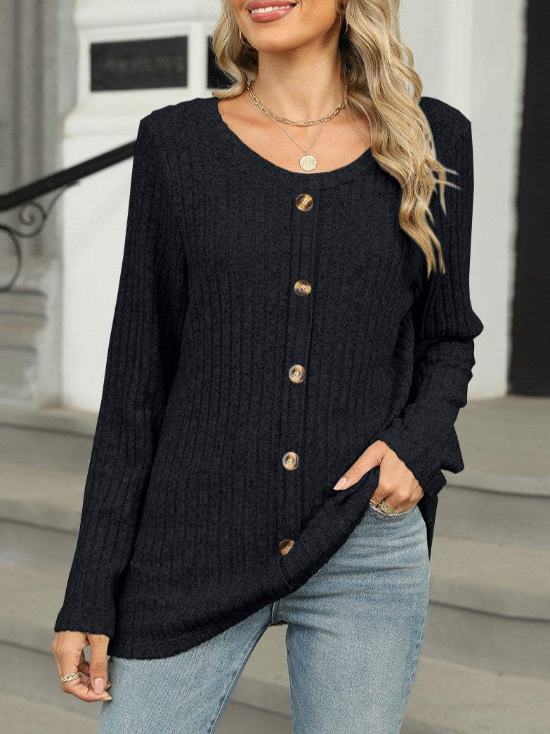 Ribbed Knit Scoop Neck Button Front Top - Black