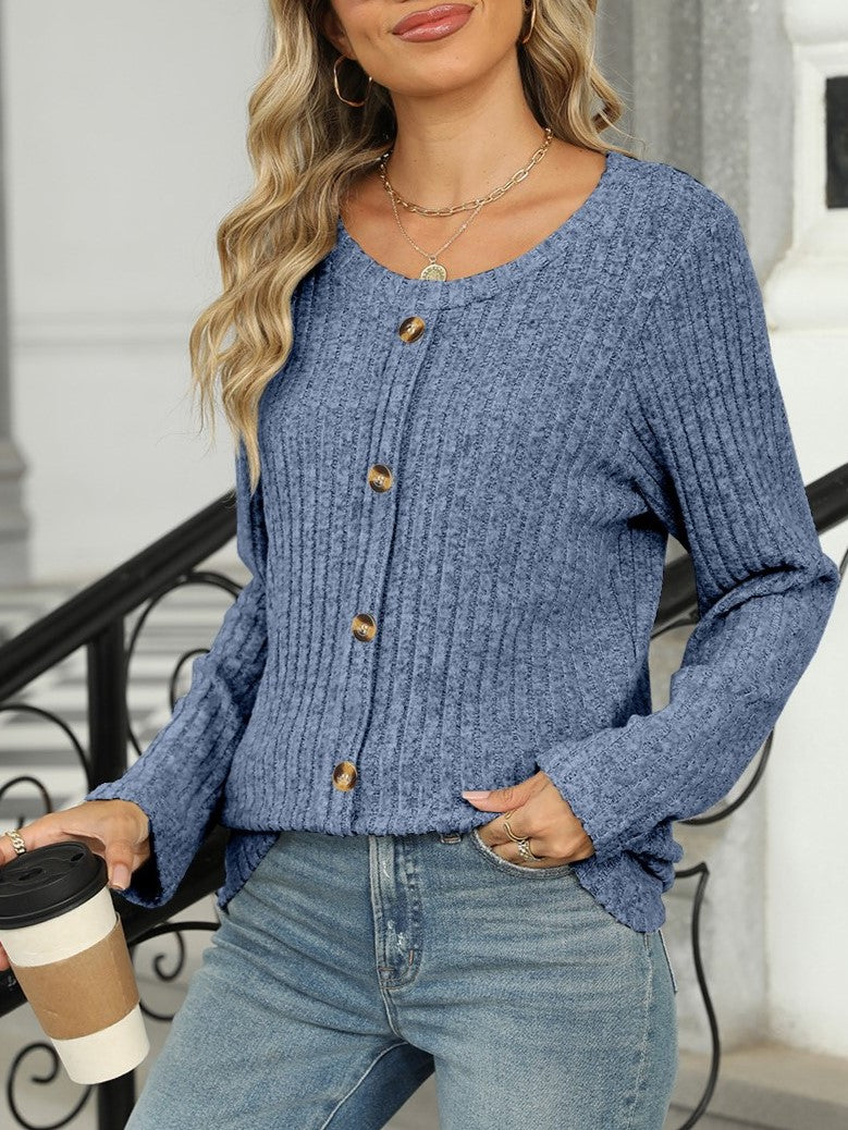 Ribbed Knit Scoop Neck Button Front Top - Blue - 1