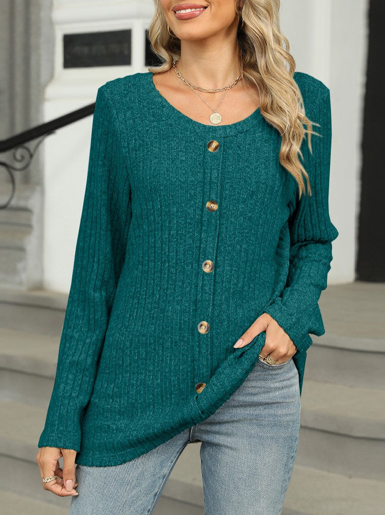 Ribbed Knit Scoop Neck Button Front Top - Teal