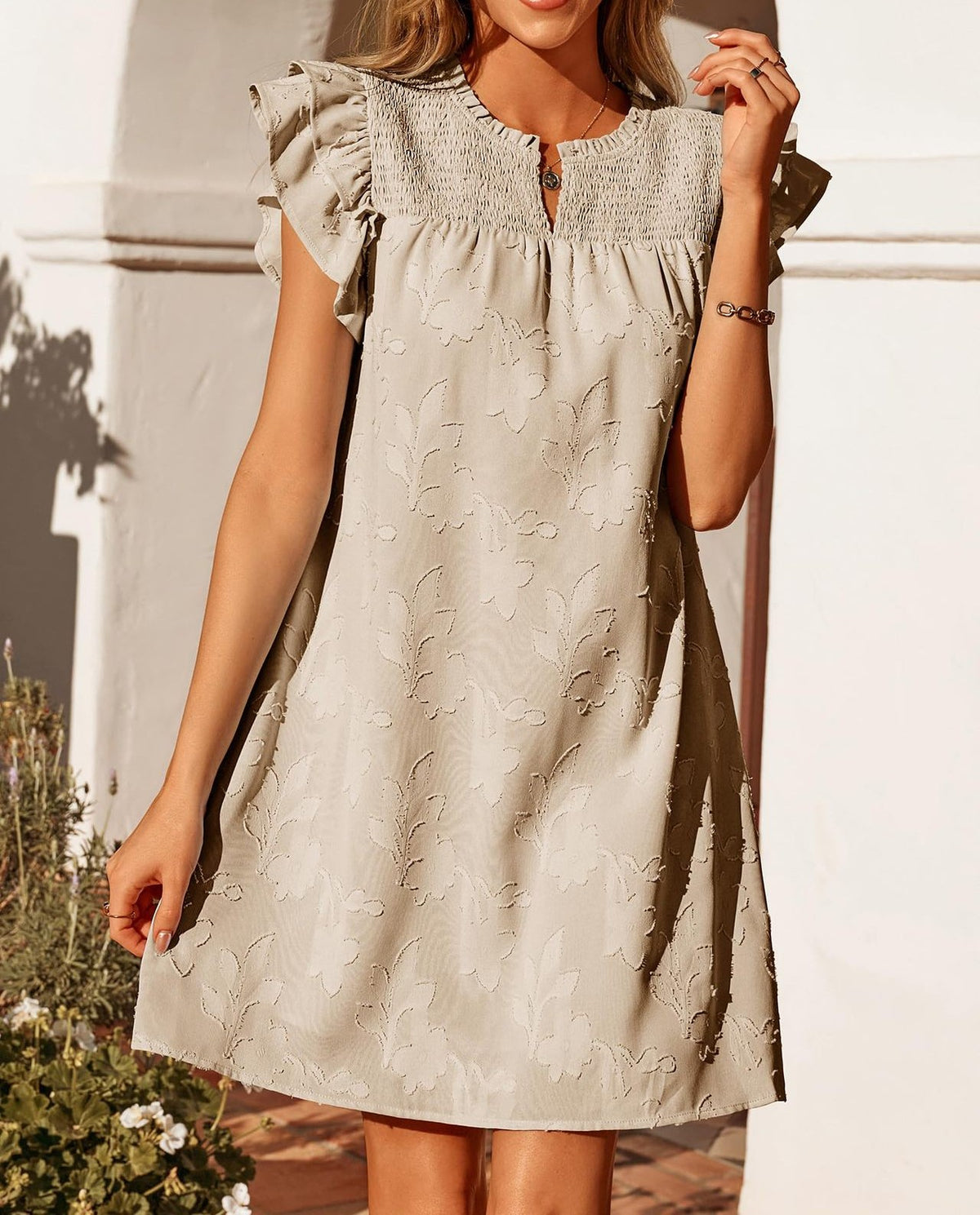 Textured Floral Flutter Sleeve Shift Dress - Apricot