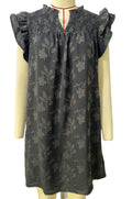 Textured Floral Flutter Sleeve Shift Dress - Black