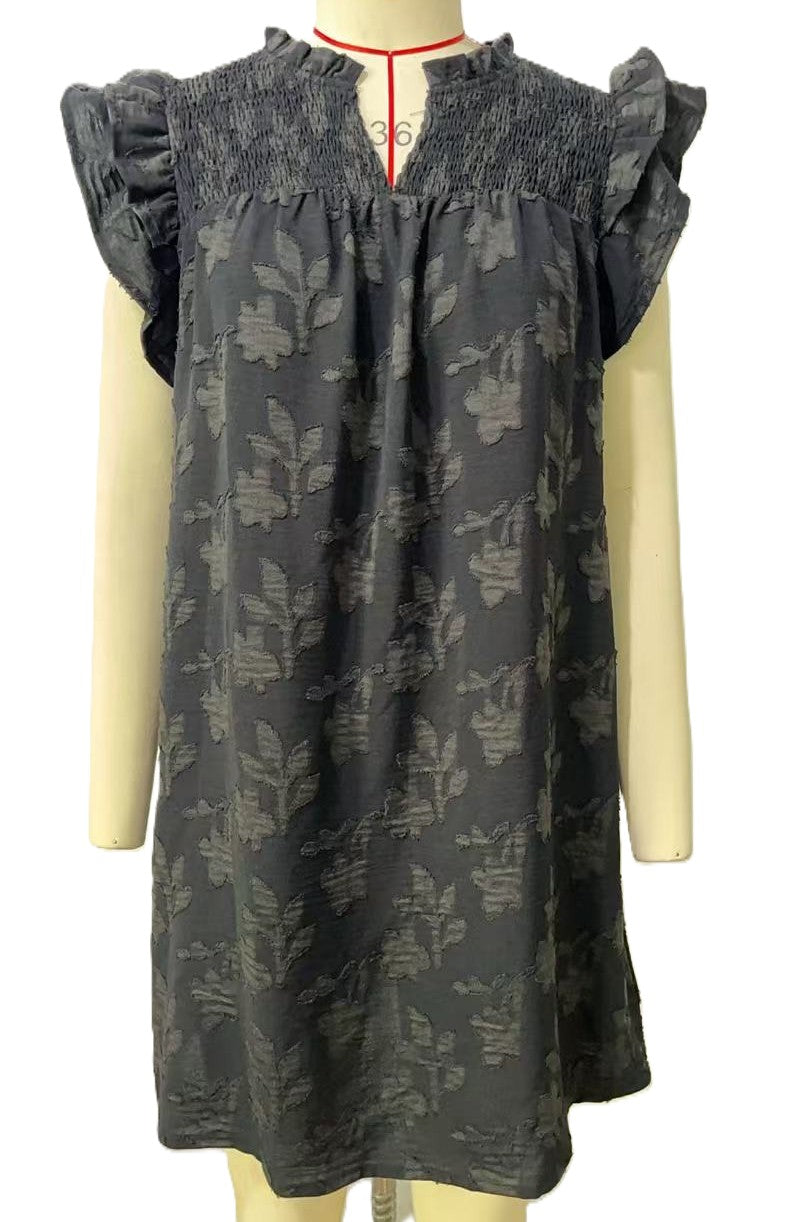 Textured Floral Flutter Sleeve Shift Dress - Black