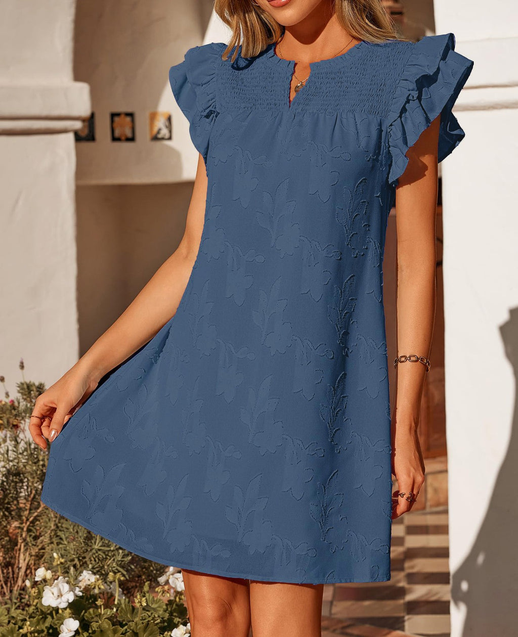 Textured Floral Flutter Sleeve Shift Dress - Blue