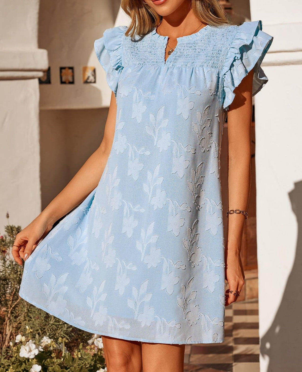 Textured Floral Flutter Sleeve Shift Dress - Skyblue