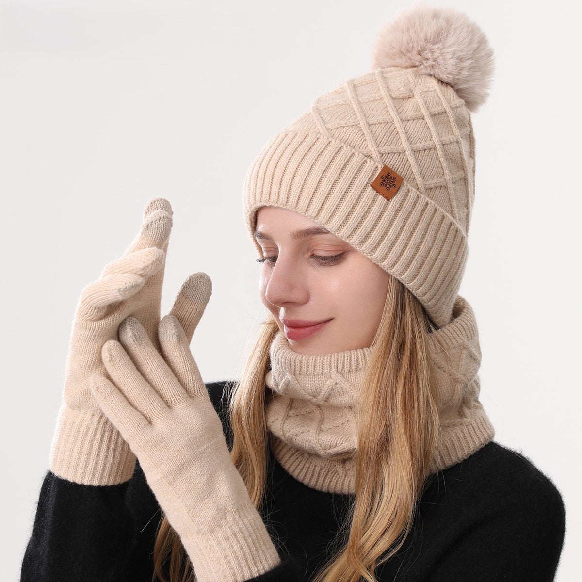 Knit Beanie Scarf And Gloves Set - Beige