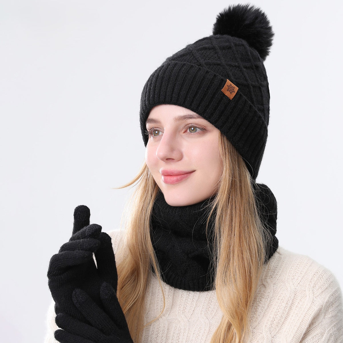 Knit Beanie Scarf And Gloves Set - Black
