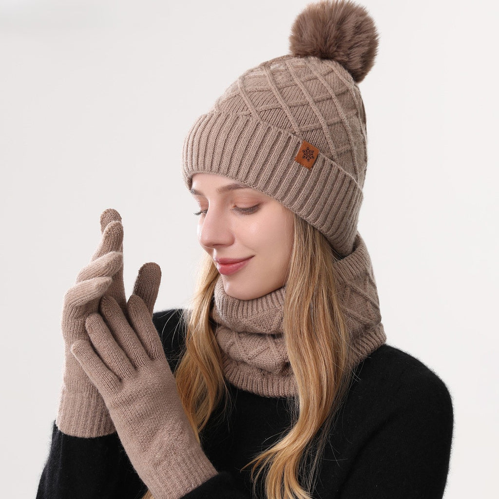 Knit Beanie Scarf And Gloves Set - Khaki