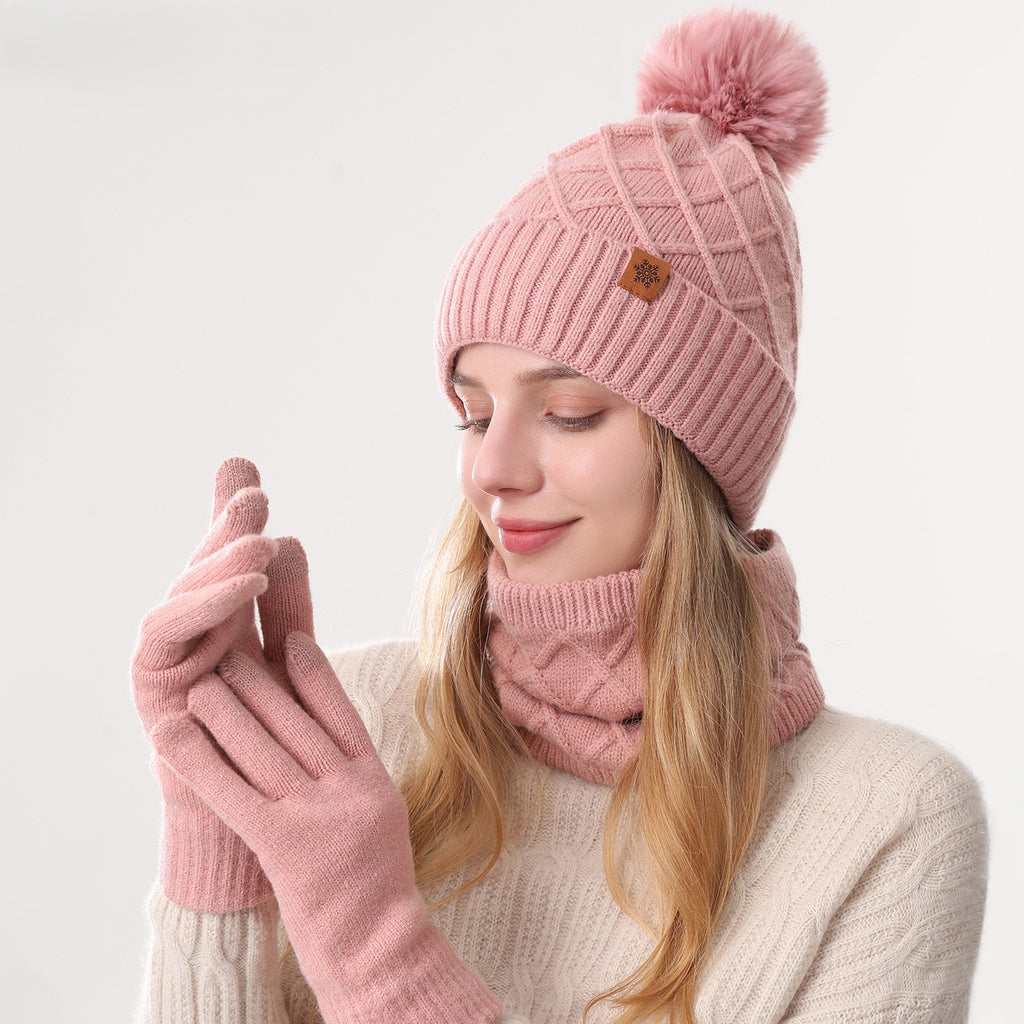 Knit Beanie Scarf And Gloves Set - Pink