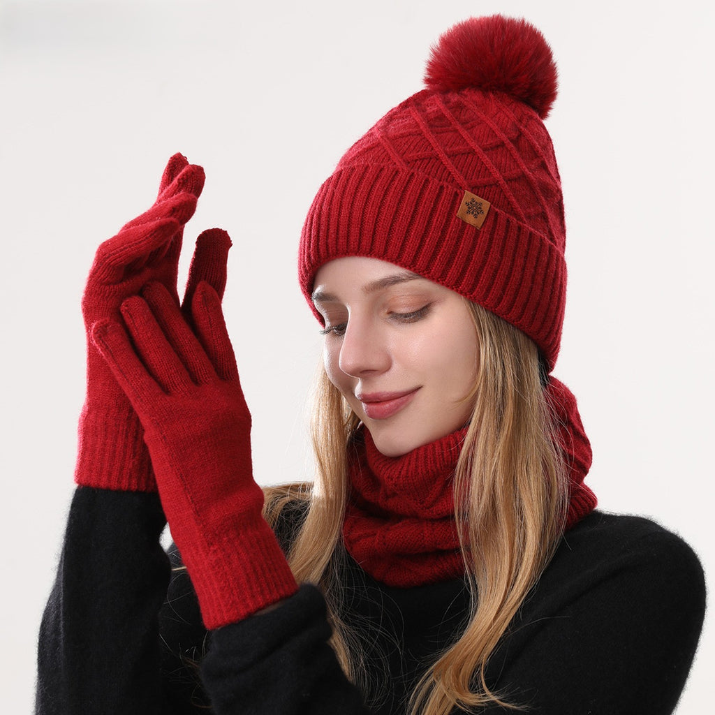 Knit Beanie Scarf And Gloves Set - Red