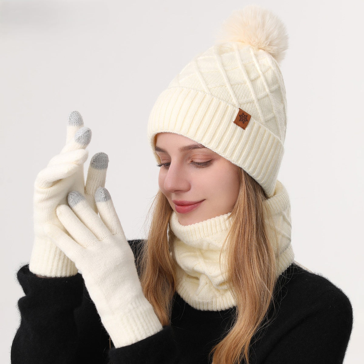 Knit Beanie Scarf And Gloves Set - White