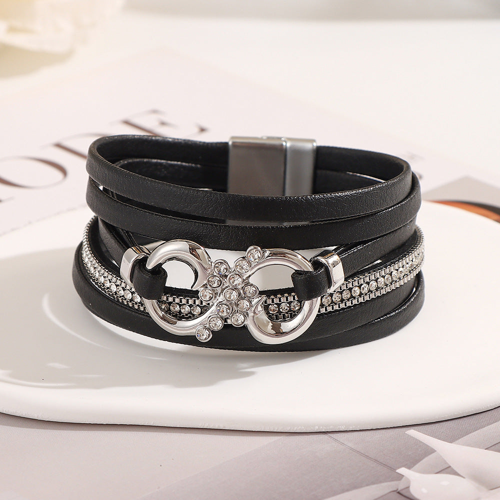 Infinity Charm Layered Leather Cuff Bracelet - Black