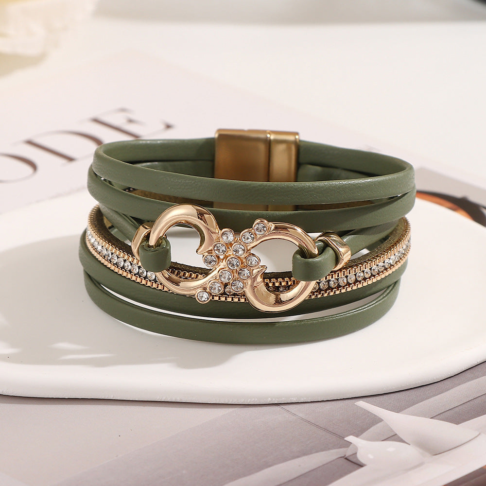 Infinity Charm Layered Leather Cuff Bracelet - Green