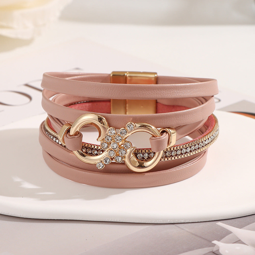 Infinity Charm Layered Leather Cuff Bracelet - Pink