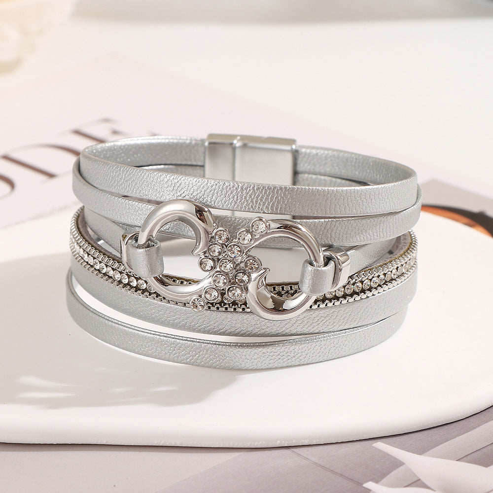 Infinity Charm Layered Leather Cuff Bracelet - Silver