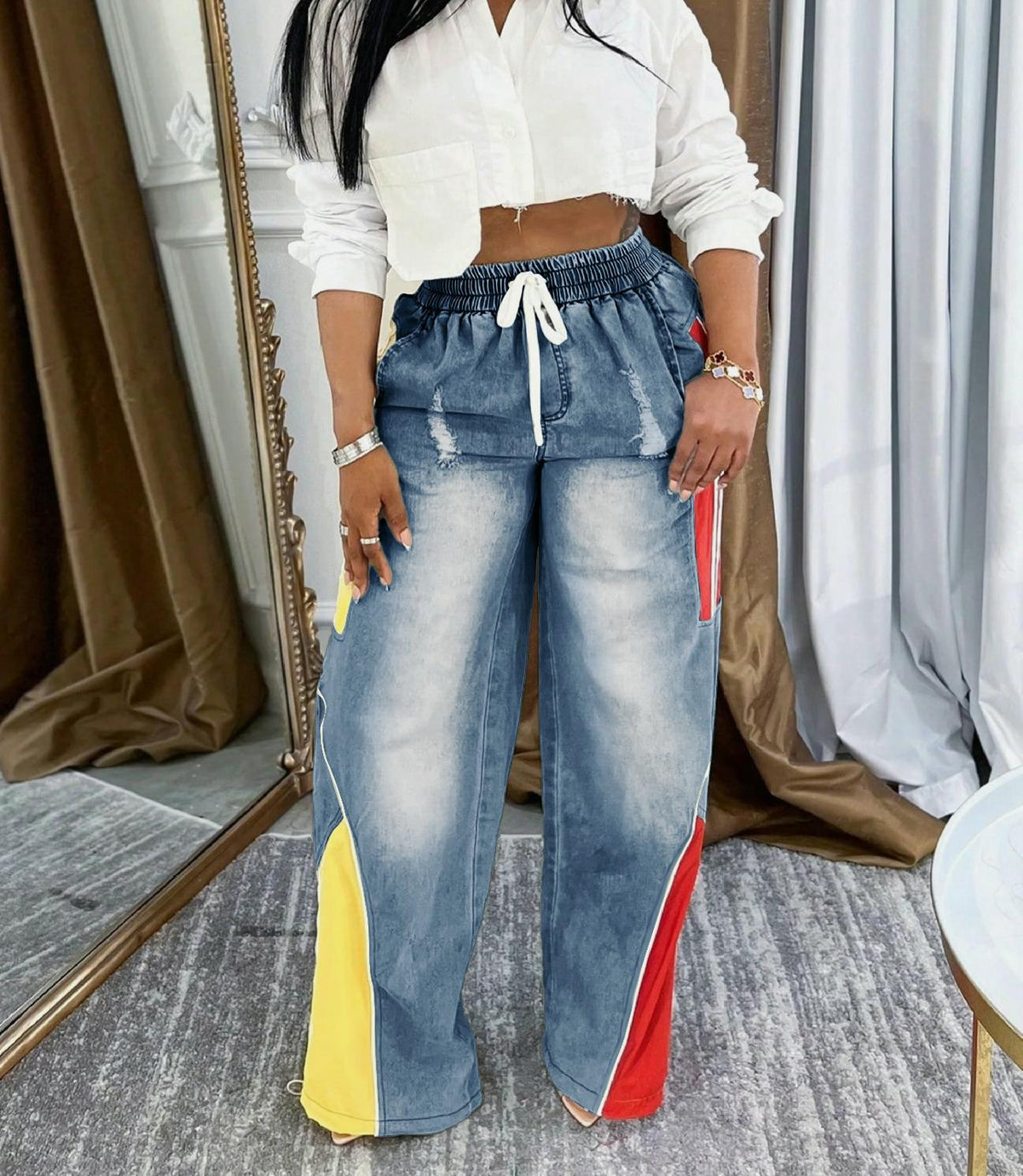 Colorblock Racing Stripe Wide Leg Jeans - Blue