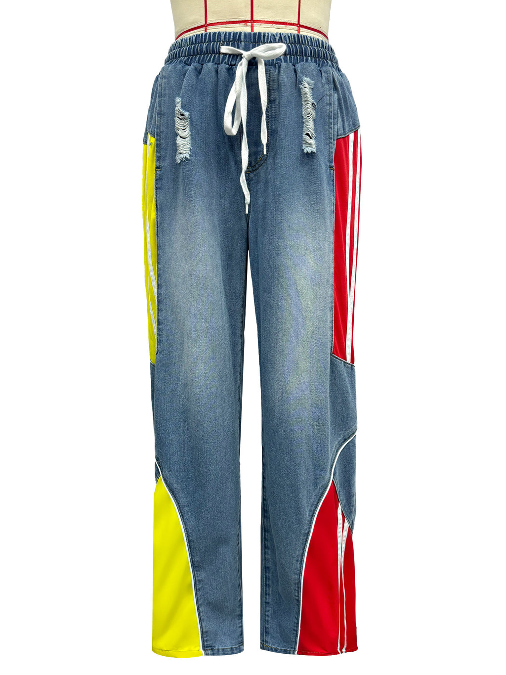 Colorblock Racing Stripe Wide Leg Jeans - Blue - 1