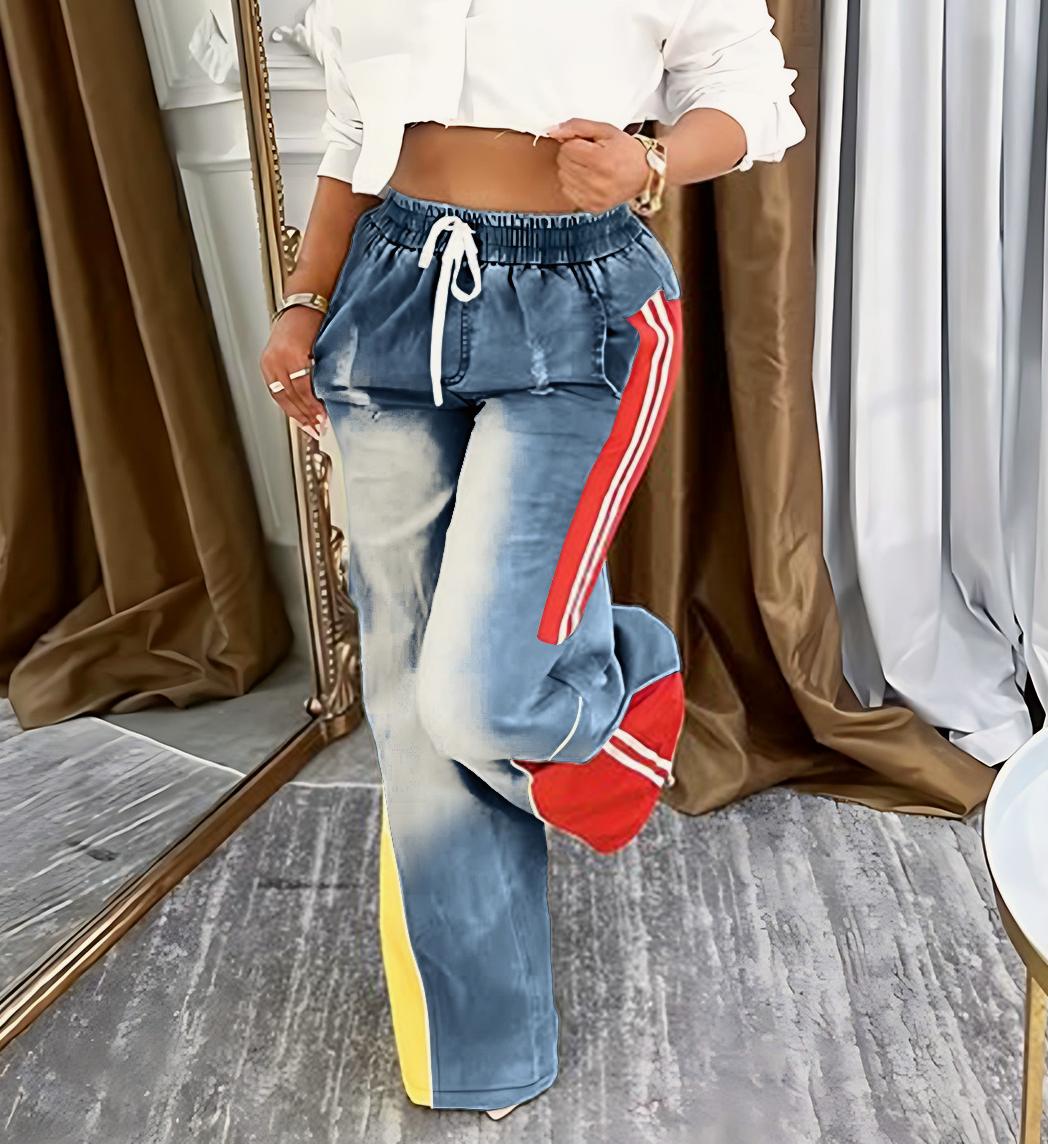 Colorblock Racing Stripe Wide Leg Jeans - Blue - 5