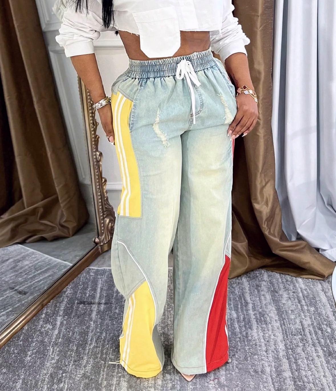 Colorblock Racing Stripe Wide Leg Jeans - SkyBlue - 4