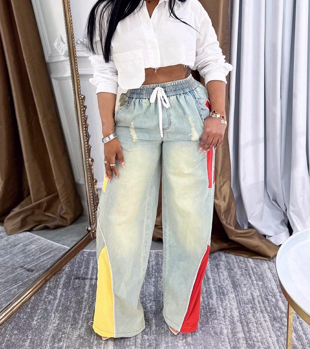 Colorblock Racing Stripe Wide Leg Jeans - SkyBlue - 5