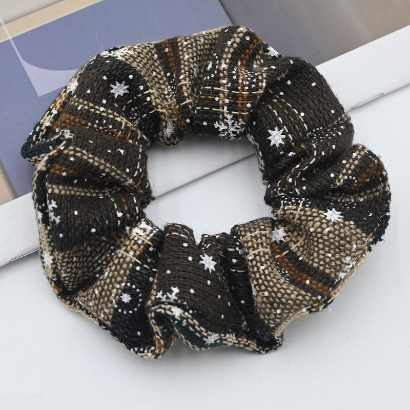Woven Tartan Hair Scrunchie with Snowflake Print - Coffee