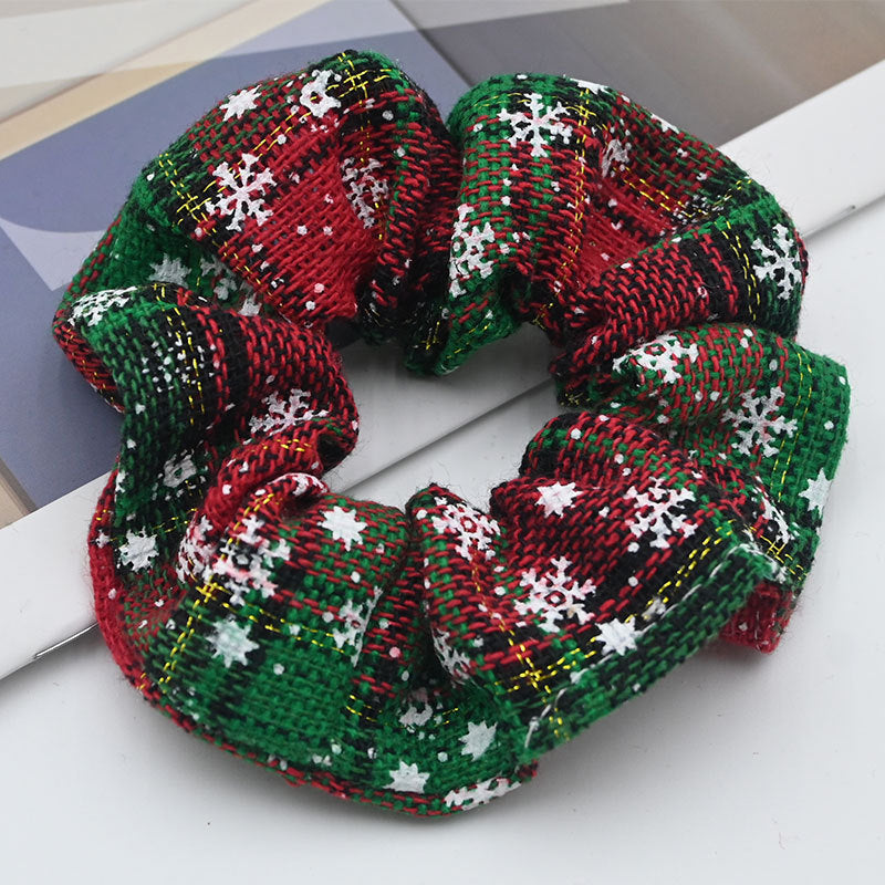 Woven Tartan Hair Scrunchie with Snowflake Print - Green