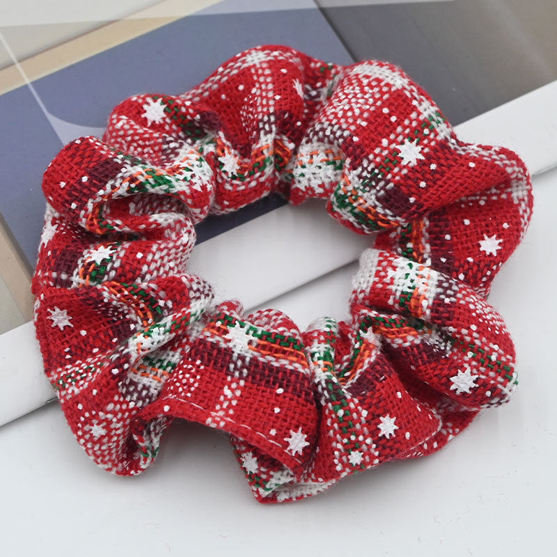 Woven Tartan Hair Scrunchie with Snowflake Print - Red