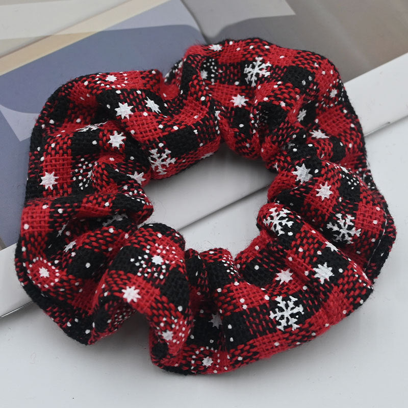 Woven Tartan Hair Scrunchie with Snowflake Print - RedBlack