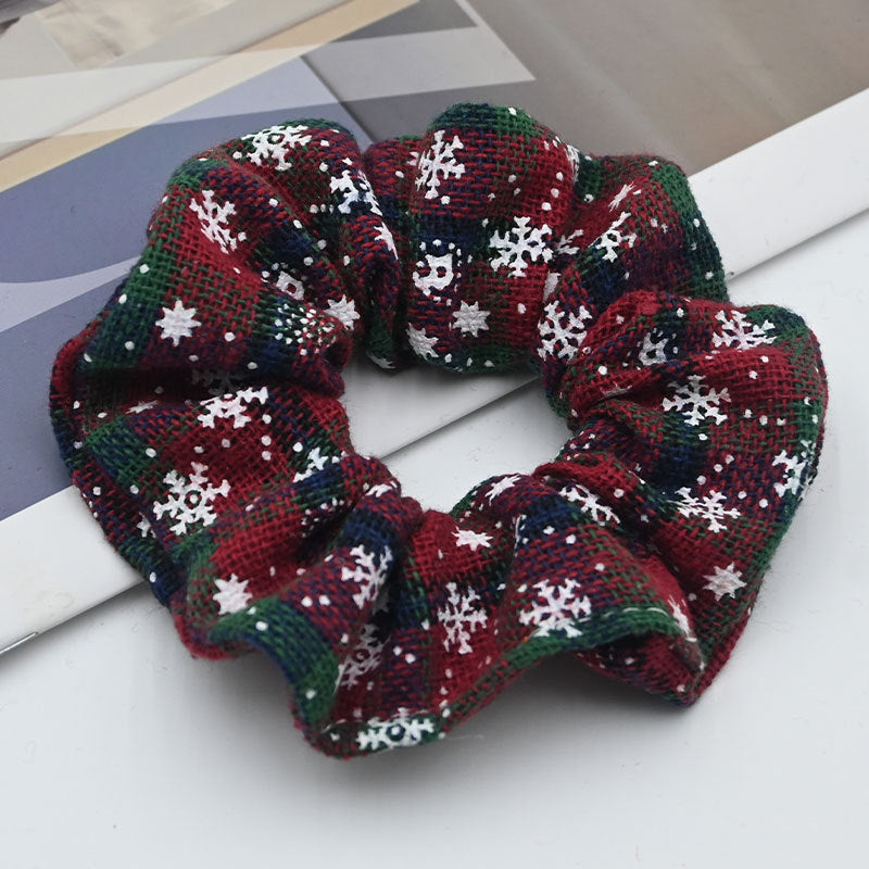 Woven Tartan Hair Scrunchie with Snowflake Print - RedGreen