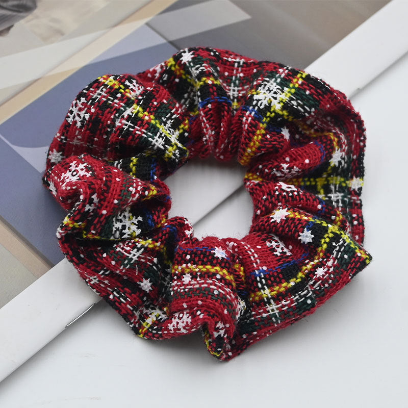 Woven Tartan Hair Scrunchie with Snowflake Print - RedYellow