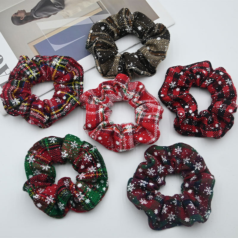 Woven Tartan Hair Scrunchie with Snowflake Print