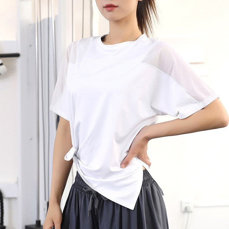Mesh Panel Oversized Side Slit Workout Tee - White
