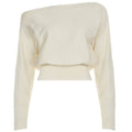 Cropped Off Shoulder Ribbed Waist Batwing Sweater - Cream