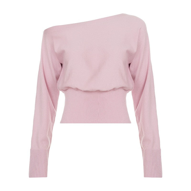 Cropped Off Shoulder Ribbed Waist Batwing Sweater - Light Pink