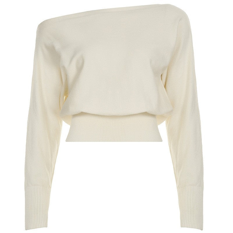 Cropped Off Shoulder Ribbed Waist Batwing Sweater