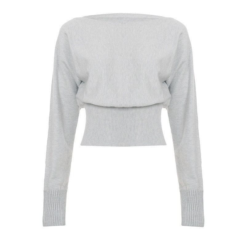 Cropped Off Shoulder Ribbed Waist Batwing Sweater