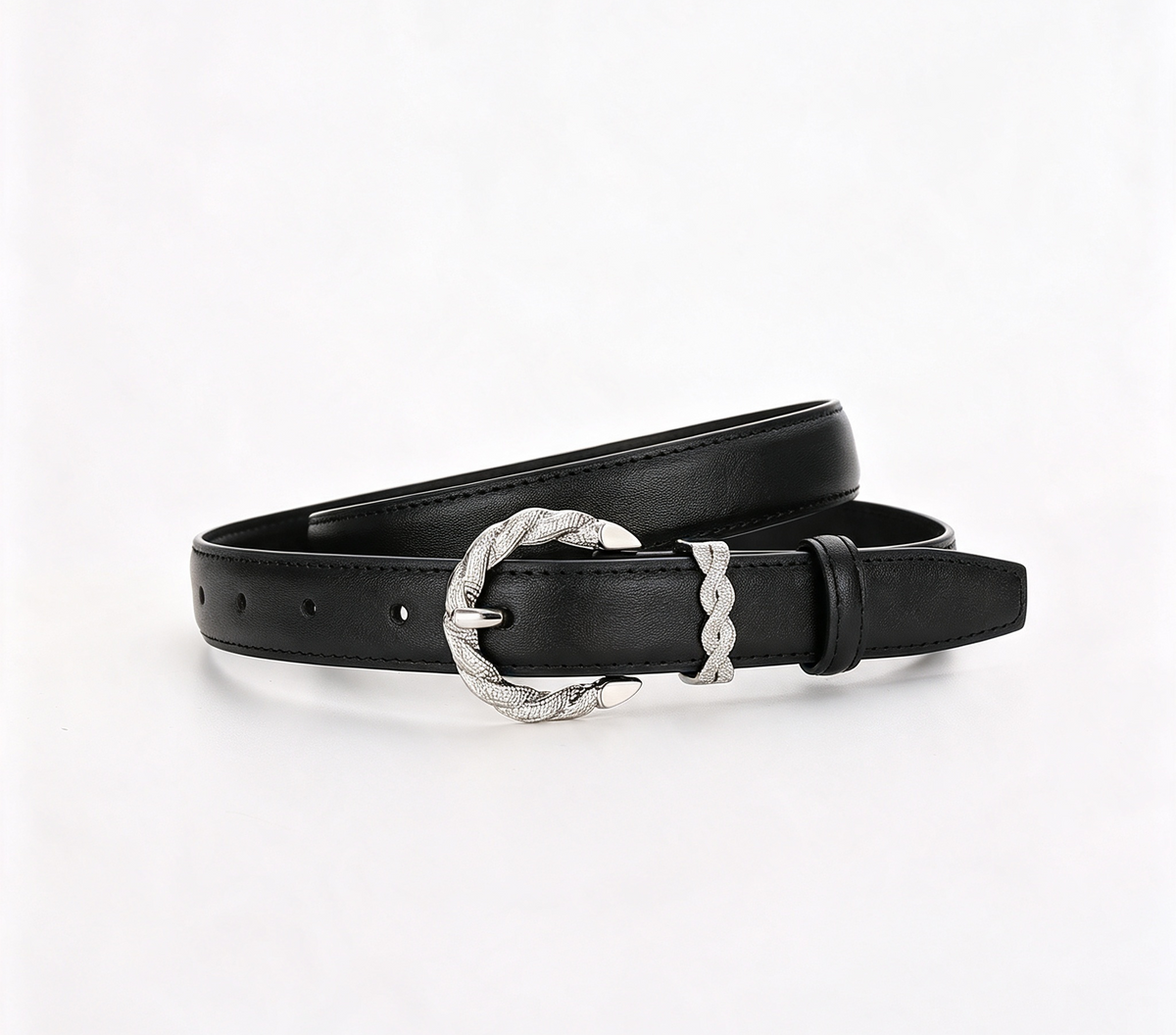 Twisted Rope Buckle Slim Leather Belt - Black