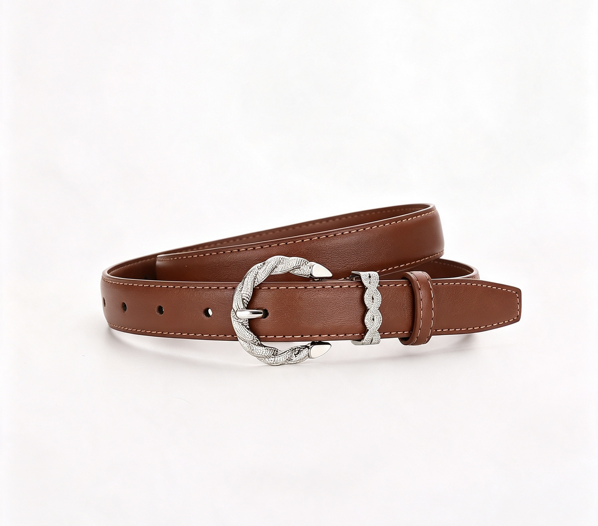 Twisted Rope Buckle Slim Leather Belt - Camel