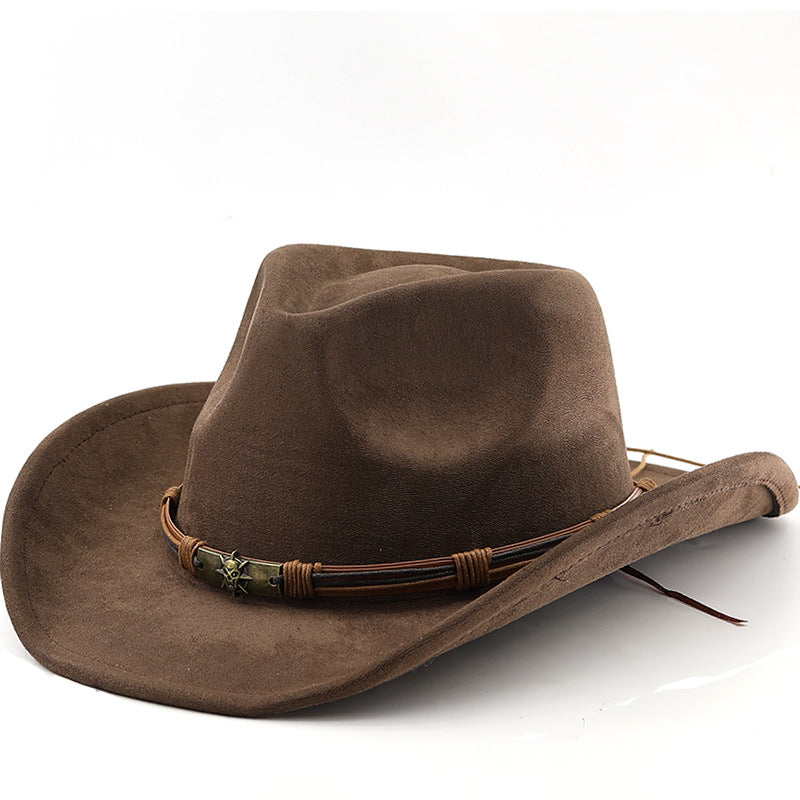Suede Western Cowboy Hat With Chin Cord - Coffee