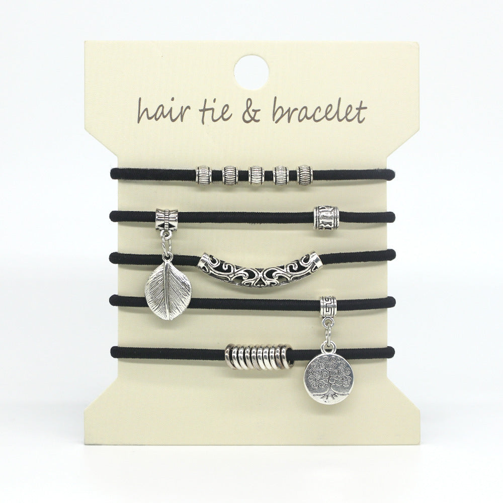 Leaf Charm Hair Tie Bracelet Set - A